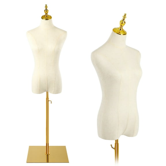 Female Mannequin, 2-Hole Position Mannequin Torso with Stand, Thickened Gold Base Plate Dress Form for Sewing, Clothing Dress Jewelry Display, Beige