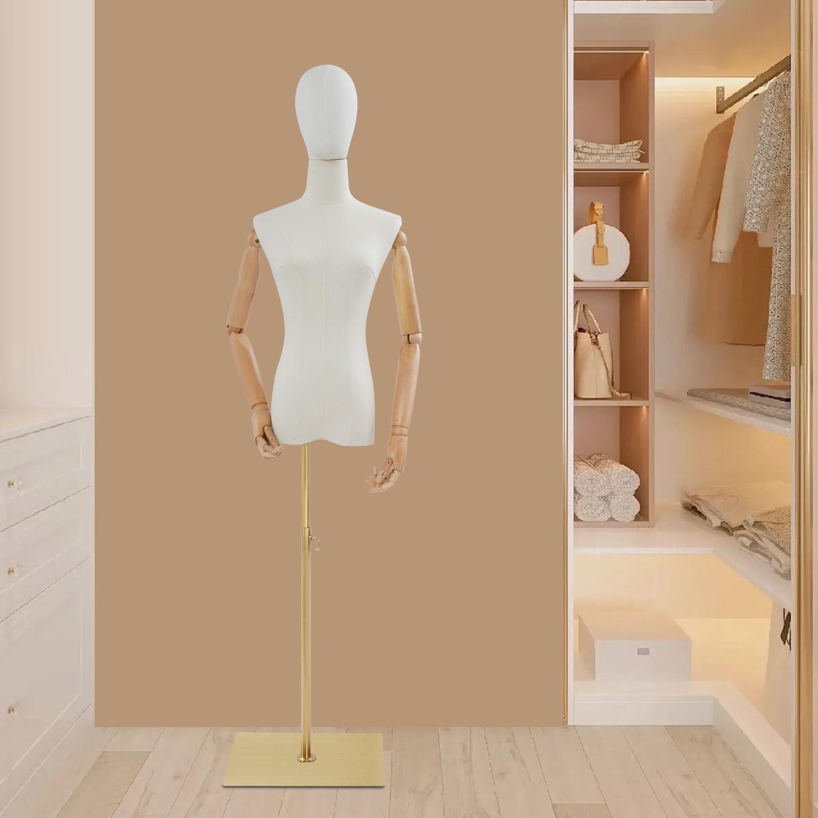 Female Mannequin, Female Dress Form Display, Adjustable Height（White + Wood Color + Golden）