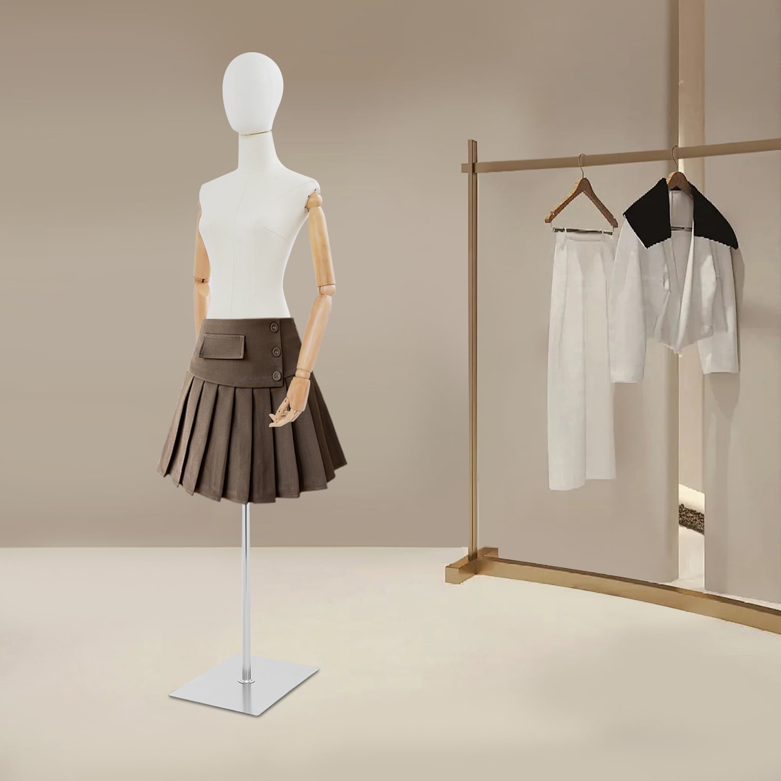 Female Mannequin, Female Dress Form Display, Adjustable Height（White + Wood Color + Silver）