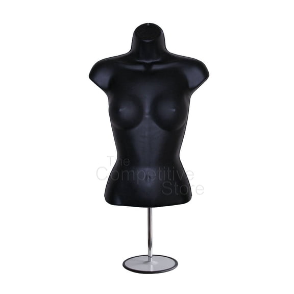 Female Mannequin Torso with Hollow Back, Stackable Dress Form for Tshirt Display, Countertop, Craft Shows, Photos, Design, S-M Size, Includes Metal Stand, Black