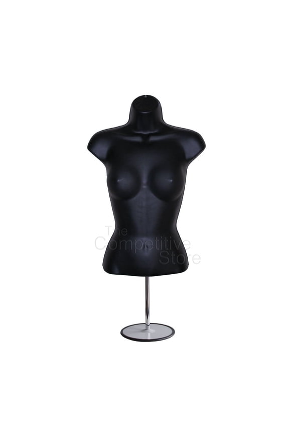 Female Mannequin Torso with Hollow Back, Stackable Dress Form for Tshirt Display, Countertop, Craft Shows, Photos, Design, S-M Size, Includes Metal Stand, Black