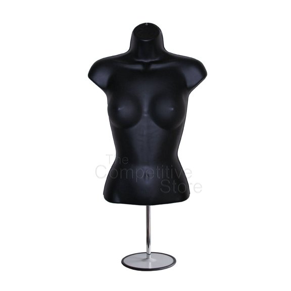 Female Mannequin Torso with Hollow Back, Stackable Dress Form for Tshirt Display, Countertop, Craft Shows, Photos, Design, S-M Size, Includes Metal Stand, Black
