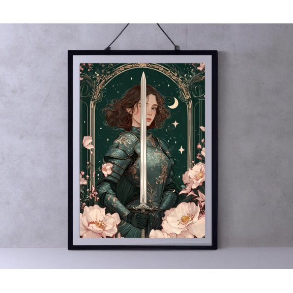 Female Medieval Knight Tapestry Mythical Celestial Fantasy Whimsical Boho Art, Unframed Paper Poster 8x10in