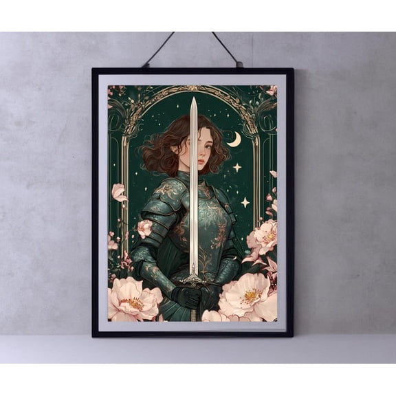 Female Medieval Knight Tapestry Style Art Mythical Celestial Fantasy Poster Whimsical Boho Magical Decor Vintage Aesthetic Wall Art, Modern Wall Decor, 12x18 UNFRAMED