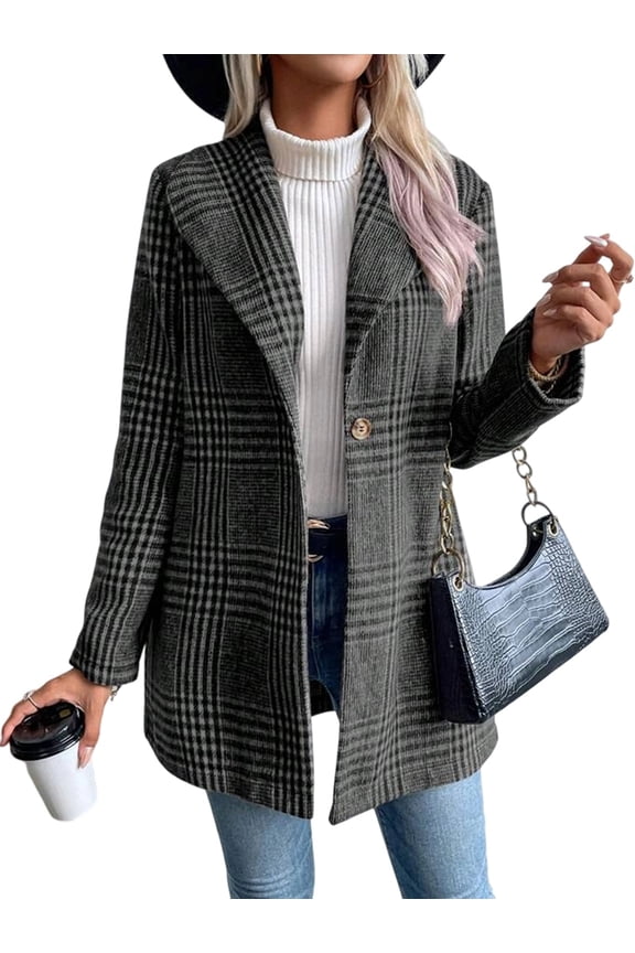 Female Mid-Length Breasted Wool Blend Coat with Lapel, Winter Outerwear Gray Grid M