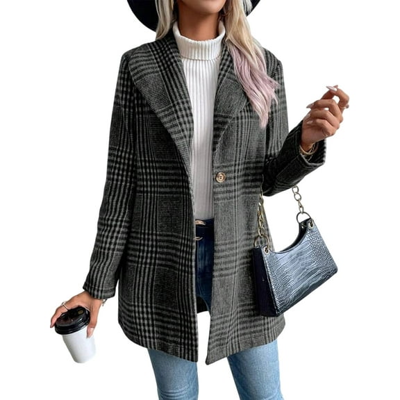 Women's Mid-Length Breasted Wool Blend Coat with Lapel, Winter Outerwear Gray Grid M