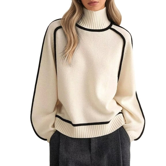 Female Mock Neck Pullover Sweaters Casual Fall Winter Long Sleeve Color Block Loose Knitted Tops Color M