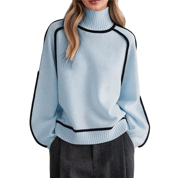 Female Mock Neck Pullover Sweaters Casual Fall Winter Long Sleeve Color Block Loose Knitted Tops Light Blue L