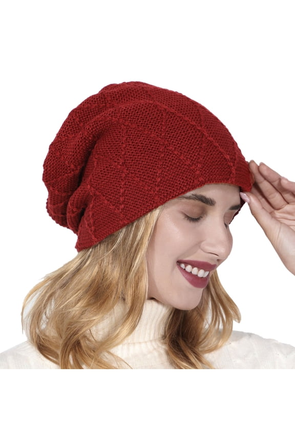 Female Models Winter Warm Needle Knitting Cap Wool Ski Cap Sun Hat Knitting Set Head Cap Solid Color Grid Diamond Plus Velvet Wool Cap Autumn And Winter Ear Protection Pile Cap