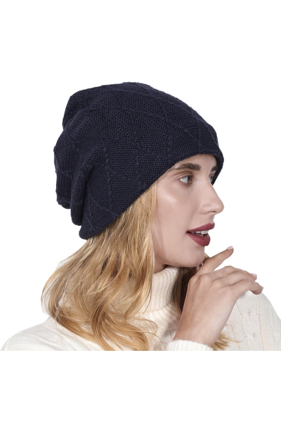 Female Models Winter Warm Needle Knitting Cap Wool Ski Cap Sun Hat Knitting Set Head Cap Solid Color Grid Diamond Plus Velvet Wool Cap Autumn And Winter Ear Protection Pile Cap