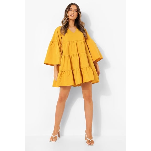 Female Mustard V Neck Tired Smock Dress