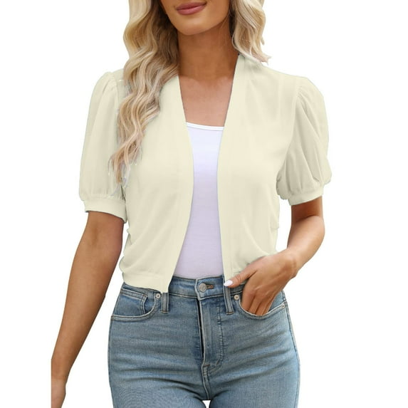 Female New Autumn And Winter Puff Sleeve Bolero Open Front Summer Cropped Sheer Cardigan Jacket