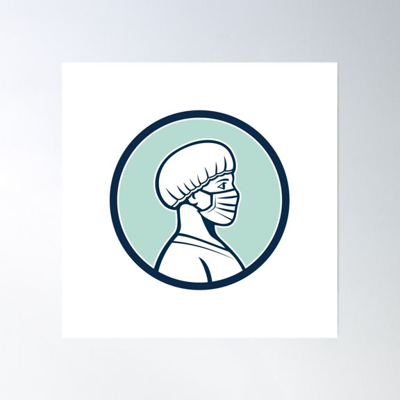 Female Nurse Wearing Face Mask Side Profile Mascot Poster Wall Art, Modern Wall Decor, 24x24 UNFRAMED