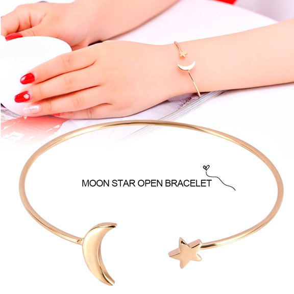 Female Open Bracelet Copper Plating Wristband Bangle with Moon Star Decoration (Gold)