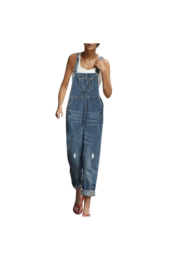 Female Overalls Denim Loose Fit Wide Leg Bib Stretch Baggy Jumpsuit Comfy Jeans