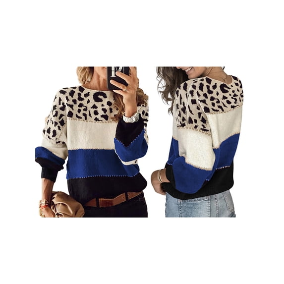 Female Oversized Knit Sweater, Casual Long Sleeve Pullover, Fall Winter Top, Leopard Soft Long Sleeve Knitwear Blue XXXL