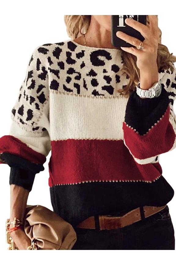 Female Oversized Knit Sweater, Casual Long Sleeve Pullover, Fall Winter Top, Leopard Soft Long Sleeve Knitwear Red XXXL