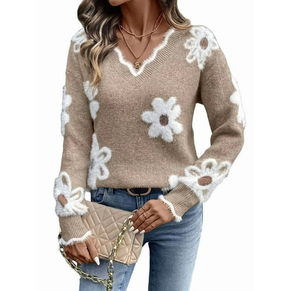 Female Oversized V Neck Fuzzy Sweaters Casual Loose Long Sleeve Chunky Knit Pullover Jumper Tops Khaki L