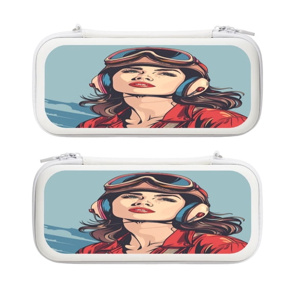 Female Pilot Power, Carrying Case For Nintendo Switch & OLED Version, Eva Lightweight Shockproof Protective Pouch Case for Game Console & Accessories with 10 Game Card Slot & Wristband, White