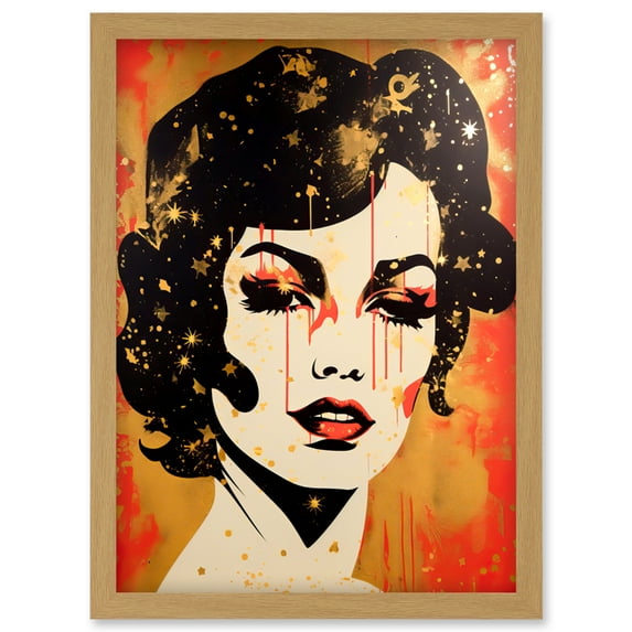 Female Portrait Retro Glam Rock Aesthetic Gold and Red Linocut Teen Room Artwork Framed Wall Art Print A4
