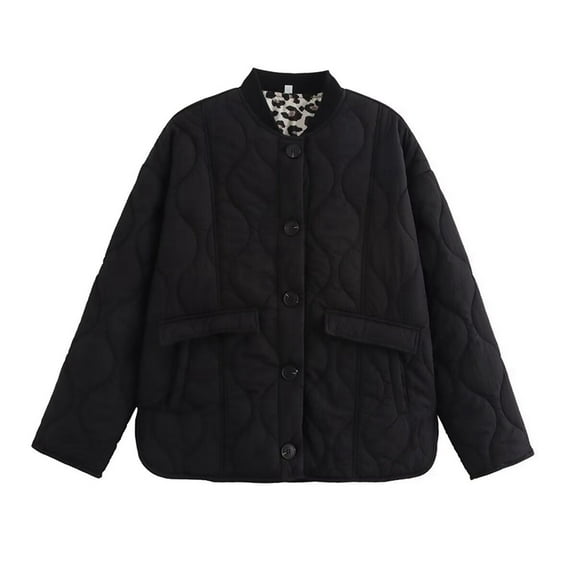 Female Quilted Jacket Button Down Fall Winter Coats Puffer Padded with Pockets Black S