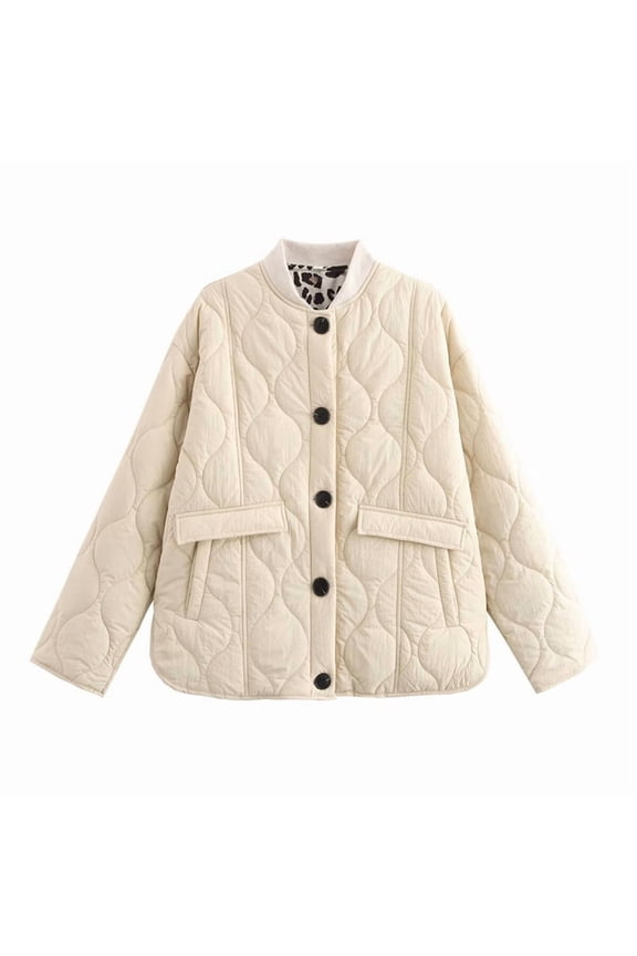 Female Quilted Jacket Button Down Fall Winter Coats Puffer Padded with Pockets Cream White M