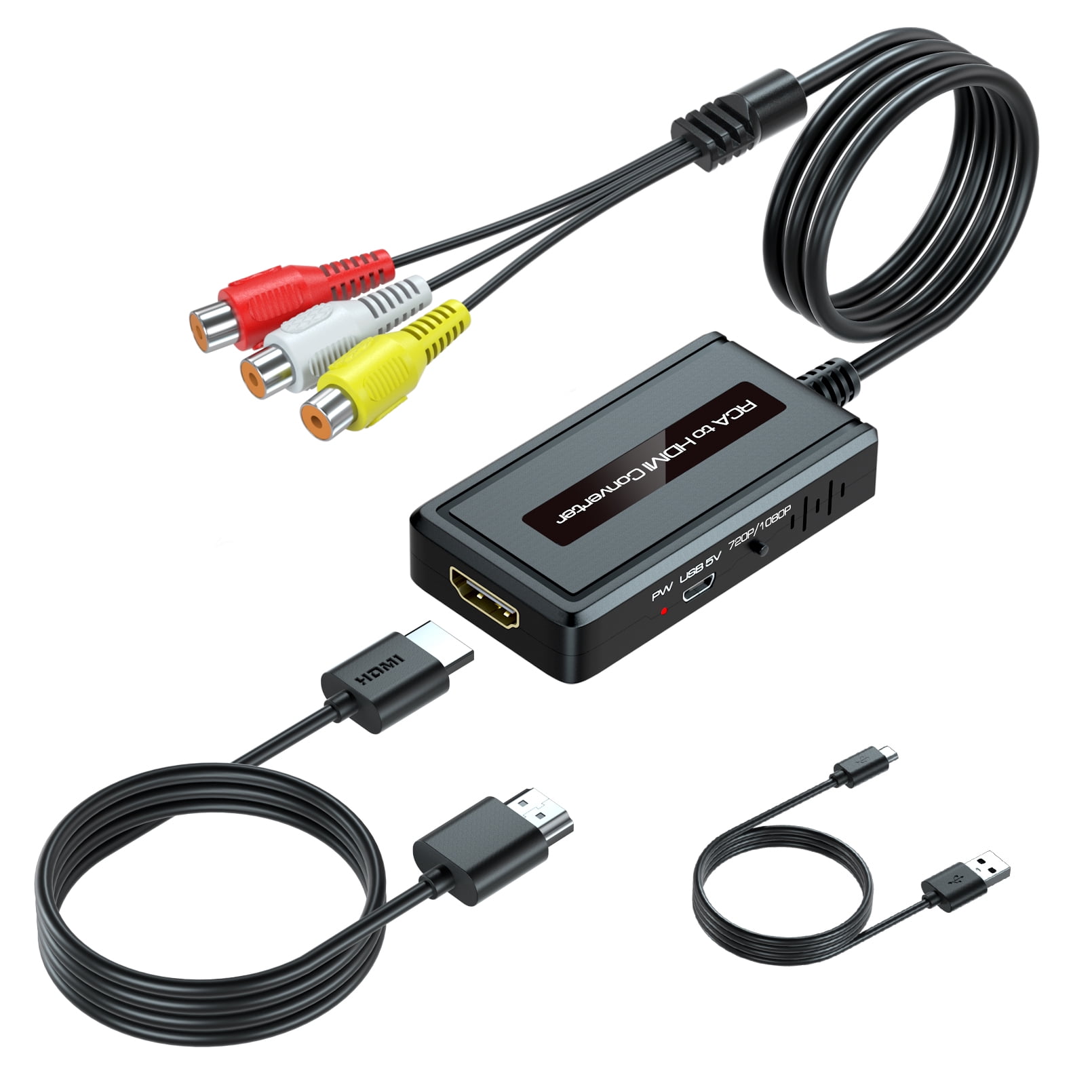  Convertidor AV a HDMI, adaptador RCA/Compuesto/CVBS a HDMI,  compatible con interruptor 16:9/4:3 compatible con  Wii/N64/PS1/PS2/PS3/VHS/VCR/DVD, etc. (convertidor RCA de 4 puertos a 1 HDMI  con control : Electrónica