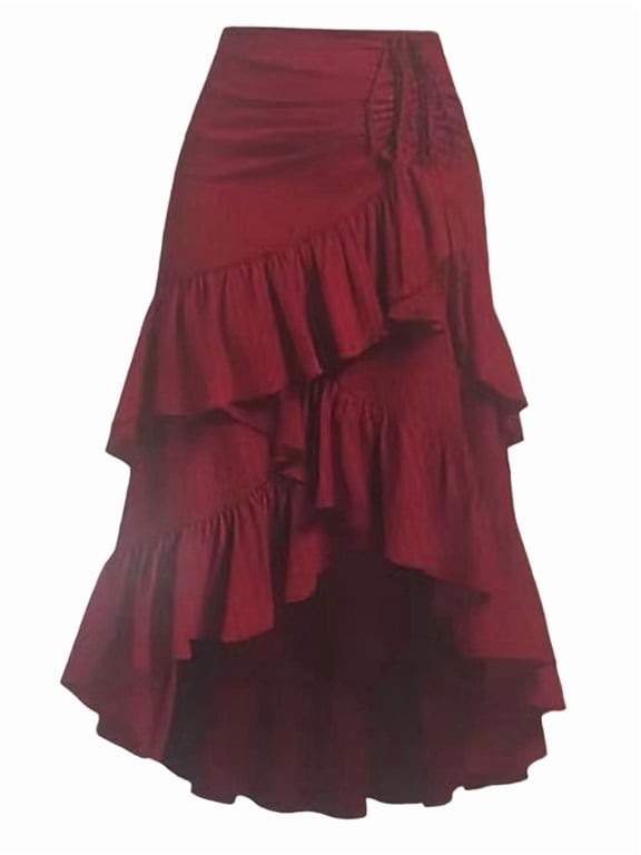 Womens Renaissance Pirate Skirt Gothic Steampunk Victorian Skirts Wine Red XL