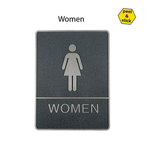 Female Restroom Sign with Braille, 6"x8" Chrome framed, Adhesive Backing