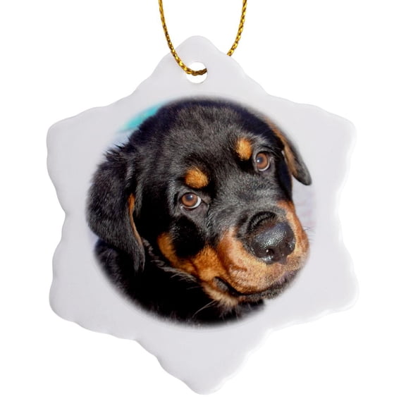 3drose, Female Rottweiler Puppy Making Eye Contact, 3 inch Snowflake Porcelain Ornament
