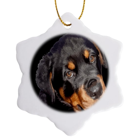 3drose, Female Rottweiler Puppy Making Eye Contact Vector, 3 inch Snowflake Porcelain Ornament