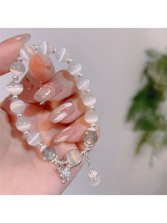 Female Round Bead Elastic Bracelet Hand String Wrist Ornament Glass Bead Jewelry Gift for Girlfriend Bestie