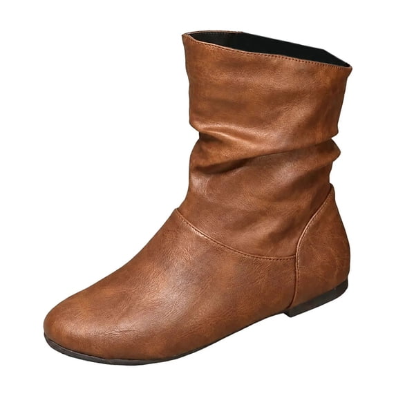 Female Round Toe Flats Heel Mid Calf Boots For Casual Street Party 2026 ...