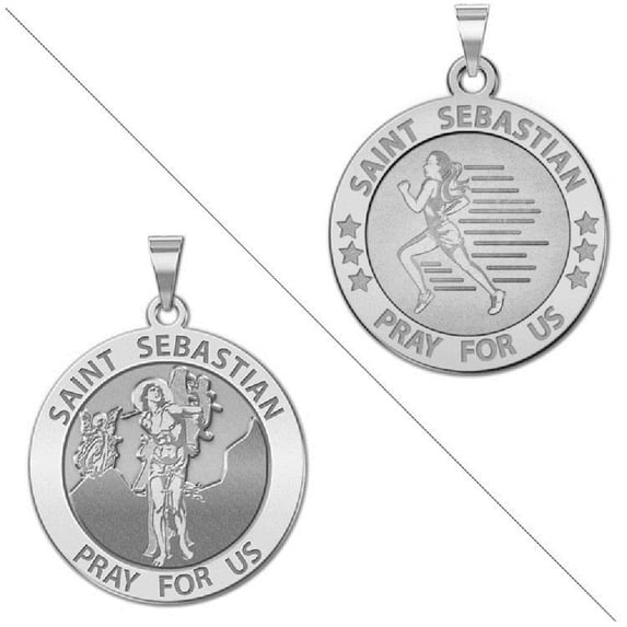 Female Runner - Saint Sebastian Doubledside Sports Religious Medal 1 Inch in Solid 14K White Gold