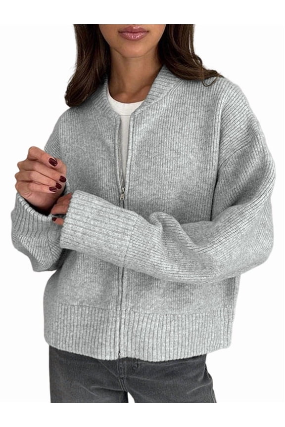 Female'S Chunky Knit Zip-Up Cardigan Sweater,Fall Open Front Long Sleeve Ribbed Knit Outerwear Coats Grey M