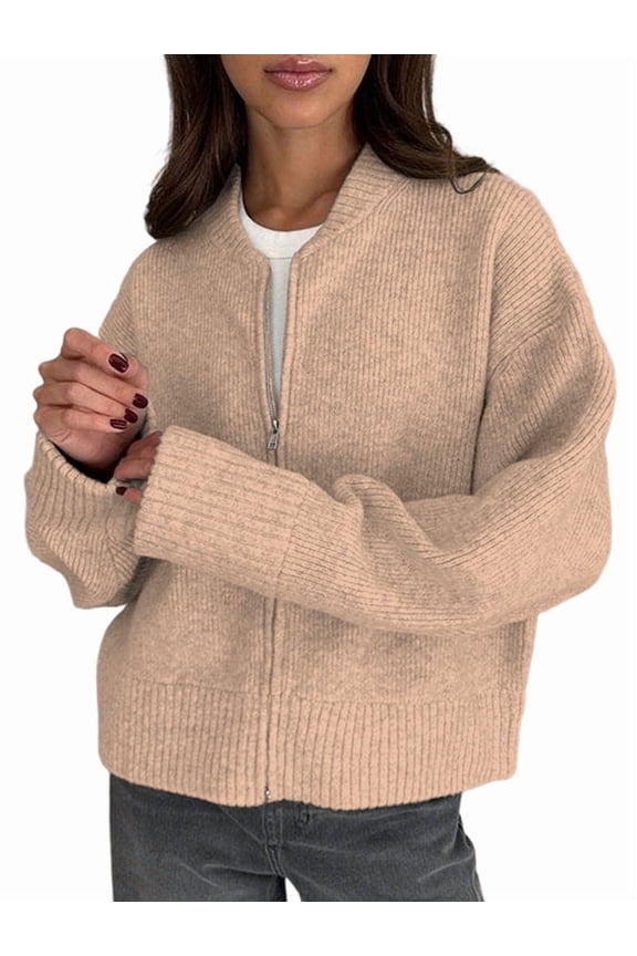 Female'S Chunky Knit Zip-Up Cardigan Sweater,Fall Open Front Long Sleeve Ribbed Knit Outerwear Coats Khaki M