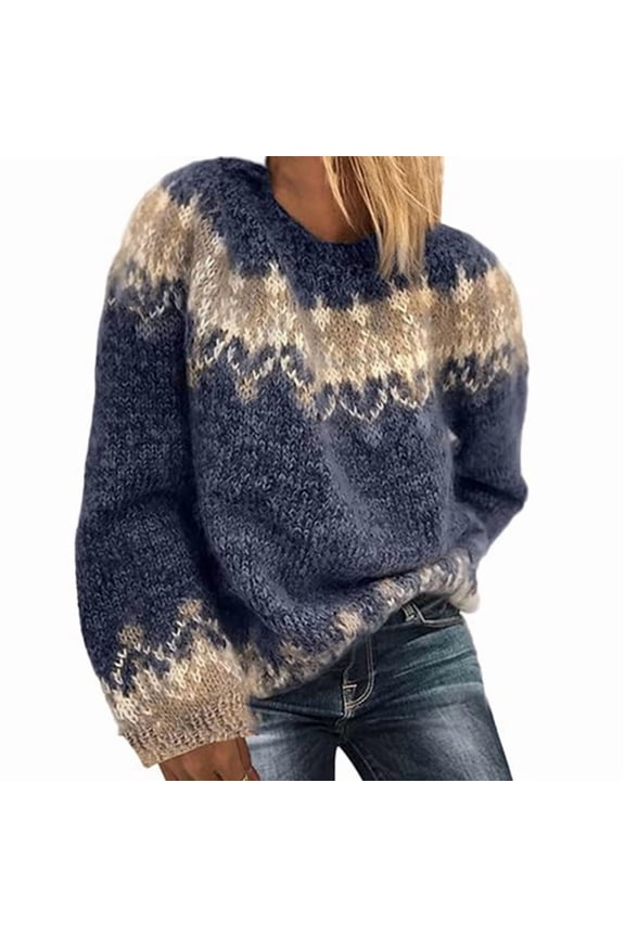 Female'S Fair Sweater Vintage Chunky Crewneck Long Sleeve Knit Pullover Oversized Warm Mohair Sweaters Blue L