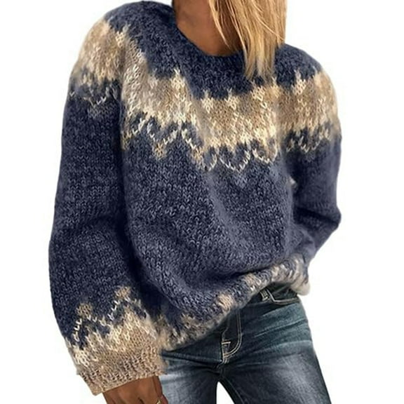 Female'S Fair Sweater Vintage Chunky Crewneck Long Sleeve Knit Pullover Oversized Warm Mohair Sweaters Blue M