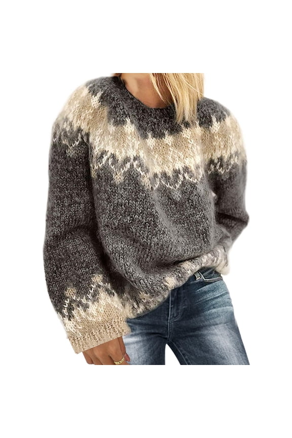 Female'S Fair Sweater Vintage Chunky Crewneck Long Sleeve Knit Pullover Oversized Warm Mohair Sweaters Gray L