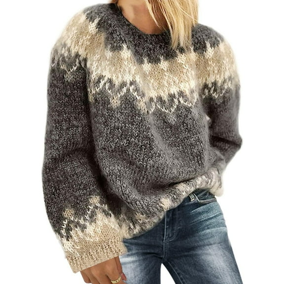 Female'S Fair Sweater Vintage Chunky Crewneck Long Sleeve Knit Pullover Oversized Warm Mohair Sweaters Gray M