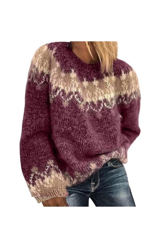 Female'S Fair Sweater Vintage Chunky Crewneck Long Sleeve Knit Pullover Oversized Warm Mohair Sweaters Wine Red M