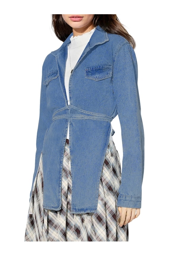 Female'S Fashion Lace Up Denim Jacket Long Sleeve Open Front Vintage Short Jean Coat Casual Streetwear Dark Blue M