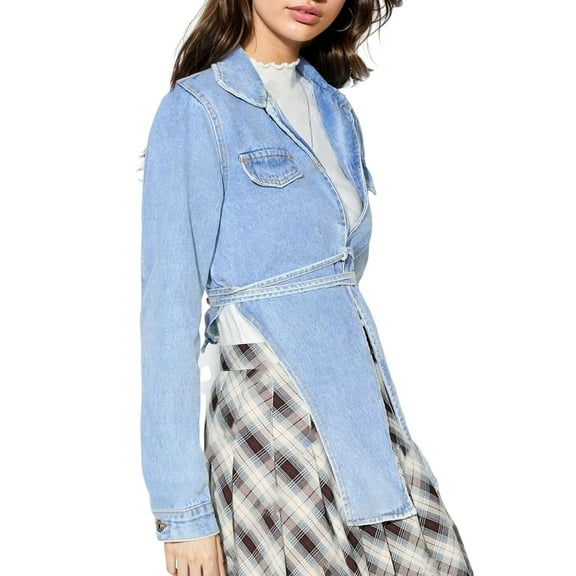 Female'S Fashion Lace Up Denim Jacket Long Sleeve Open Front Vintage Short Jean Coat Casual Streetwear Light Blue M