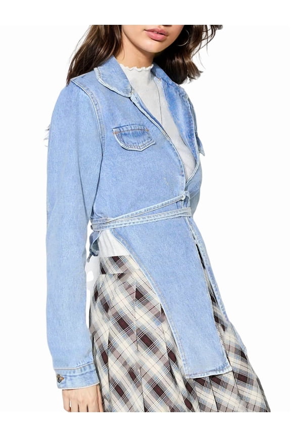 Female'S Fashion Lace Up Denim Jacket Long Sleeve Open Front Vintage Short Jean Coat Casual Streetwear Light Blue S
