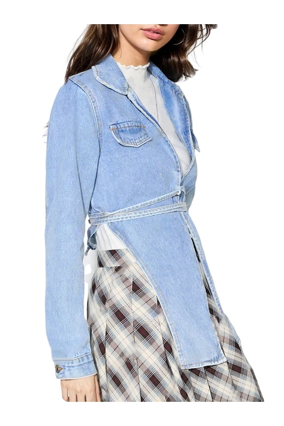 Female'S Fashion Lace Up Denim Jacket Long Sleeve Open Front Vintage Short Jean Coat Casual Streetwear Light Blue S