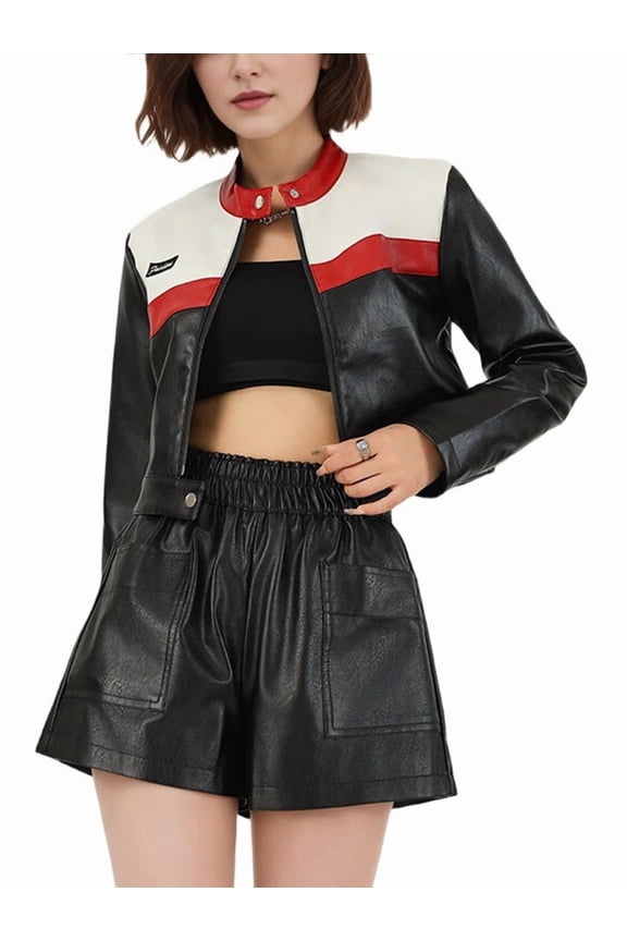 Female'S Faux Leather Jacket Y2K Cropped Jacket Mock Neck Long Sleeve Zipper Fall Outerwear Red L