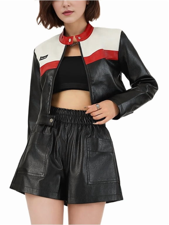 Female'S Faux Leather Jacket Y2K Cropped Jacket Mock Neck Long Sleeve Zipper Fall Outerwear Red S