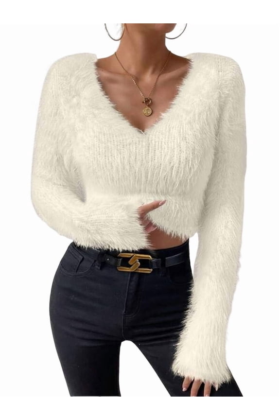 Female'S Fuzzy Long Sleeve V Neck Crop Sweater Casual Plain Slim Fit Warm Knitwear Sweater Pullovers M