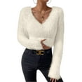 thumbnail image 1 of Female'S Fuzzy Long Sleeve V Neck Crop Sweater Casual Plain Slim Fit Warm Knitwear Sweater Pullovers  S, 1 of 6