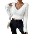 thumbnail image 1 of Female'S Fuzzy Long Sleeve V Neck Crop Sweater Casual Plain Slim Fit Warm Knitwear Sweater Pullovers White S, 1 of 7